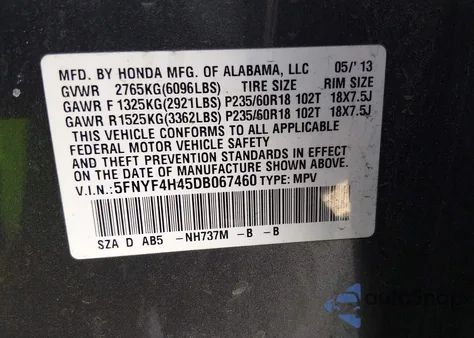 2013 Honda Pilot Ex from USA, damaged, VIN 5FNYF4H45DB067460